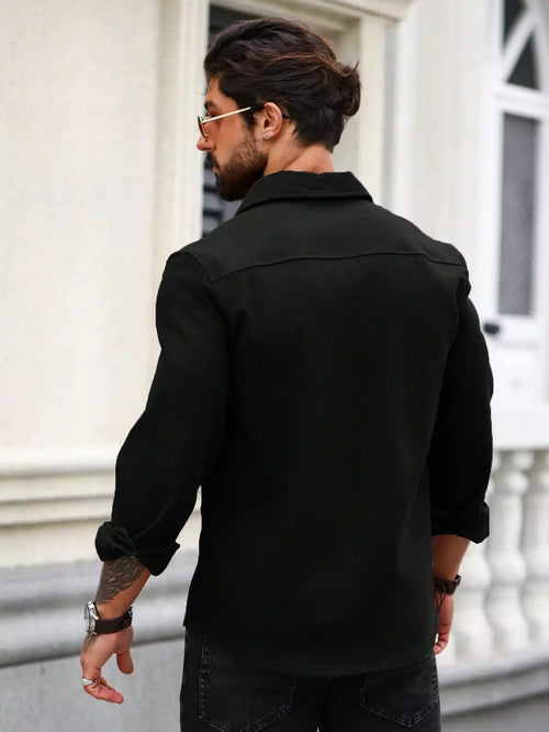 Men Spring And Summer Solid Color Loose Casual Long-Sleeved Shirt Black Color