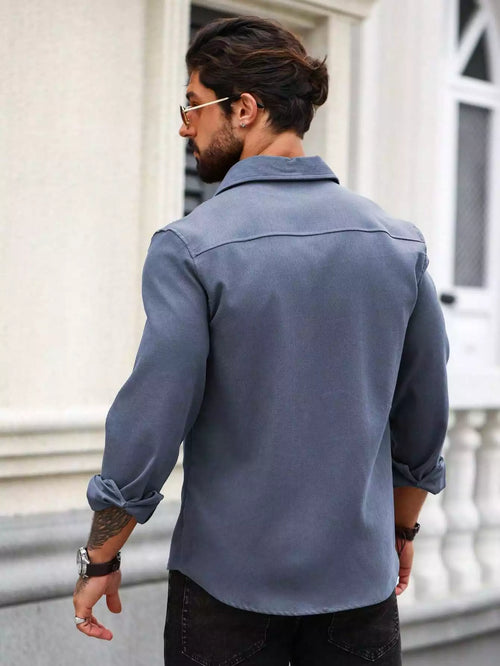 Men Spring And Summer Solid Color Loose Casual Long-Sleeved Shirt Blue Color